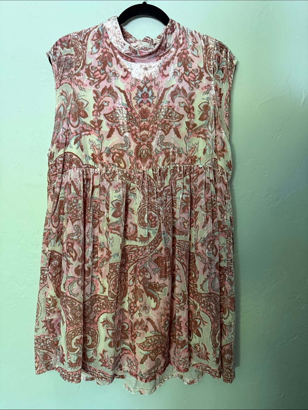 Free People Pink, Mint and Brown Paisley  velvet mini Dress pockets size large
